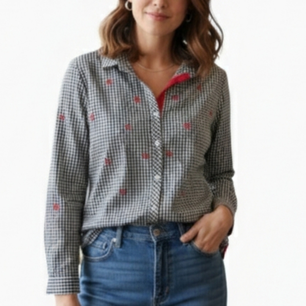 Rafaella Black White Gingham Button Up Shirt Red Cherry Embroidery Size L